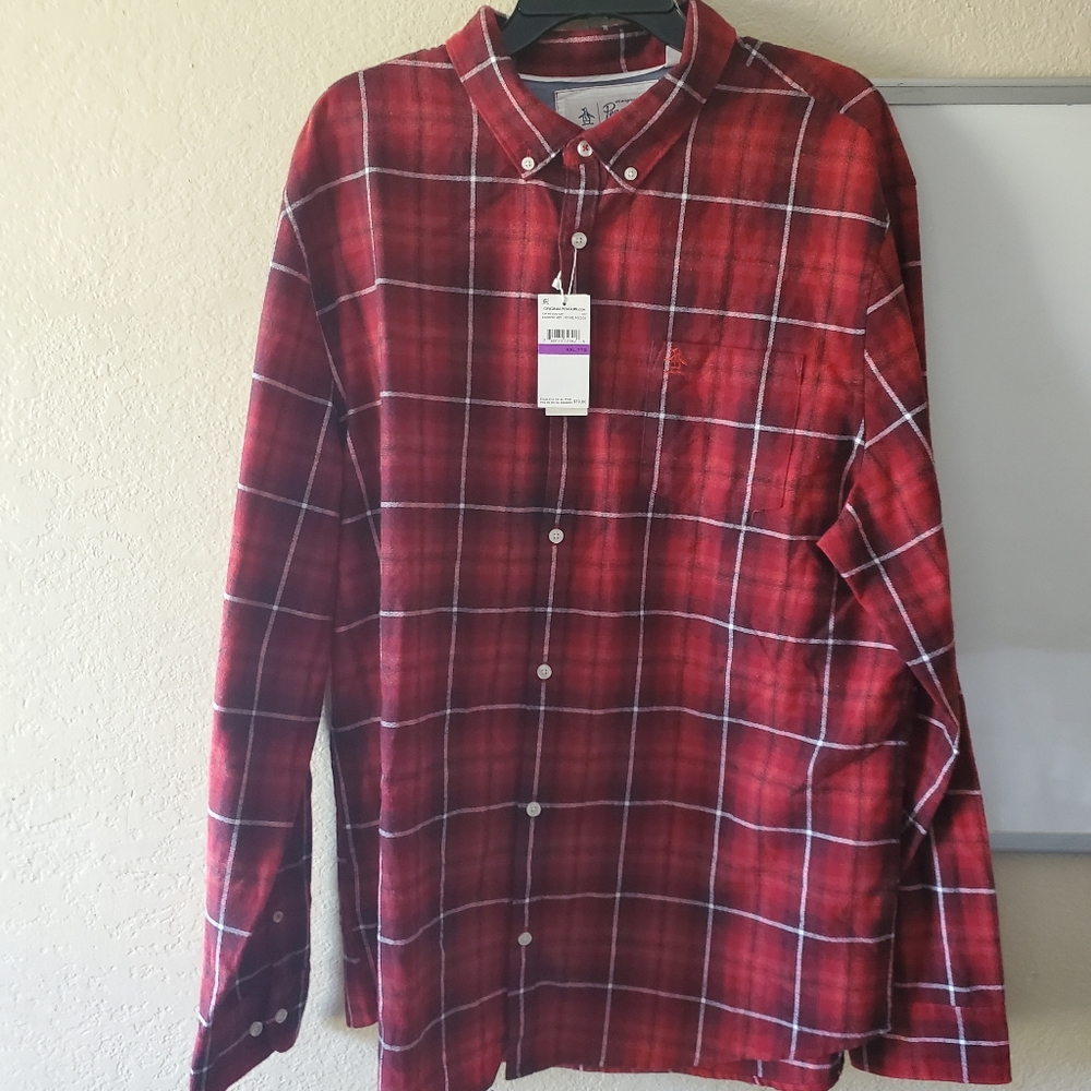 Original Penguin Mens Shirt Red Size 2XL Plaid But - Picture 4 of 7